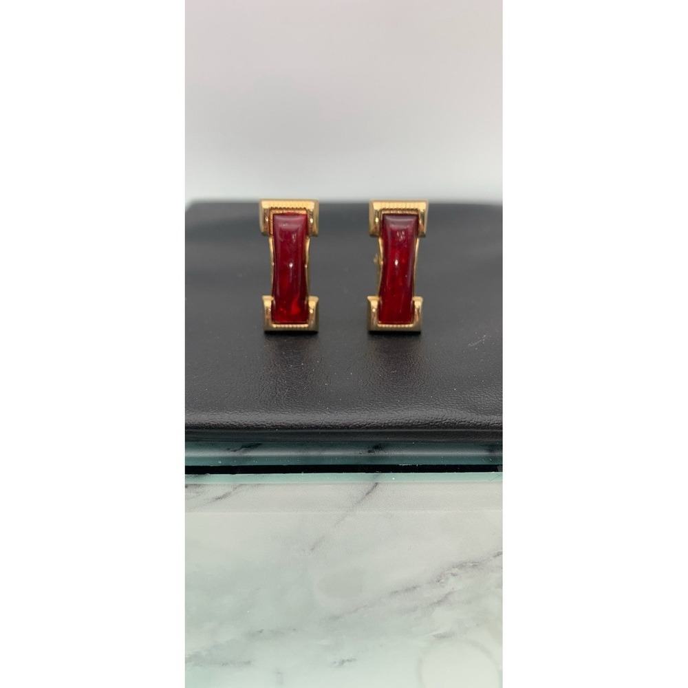 Vintage Foster Gold Tone Rectangle Cufflinks With Dark Red Cabochon‎ Signed